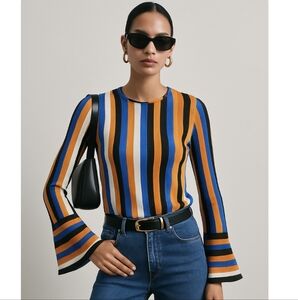 Zara Collection Stripe White Blue Orange Stripes Flutes Long Sleeves Small NWT